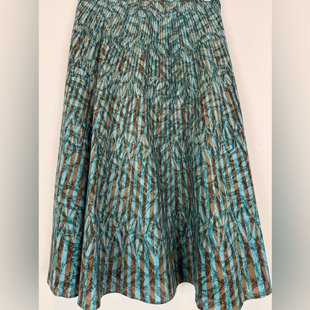 Liz & Co Turquoise Brown Abstract Print Flare Midi Skirt Lined Size 12